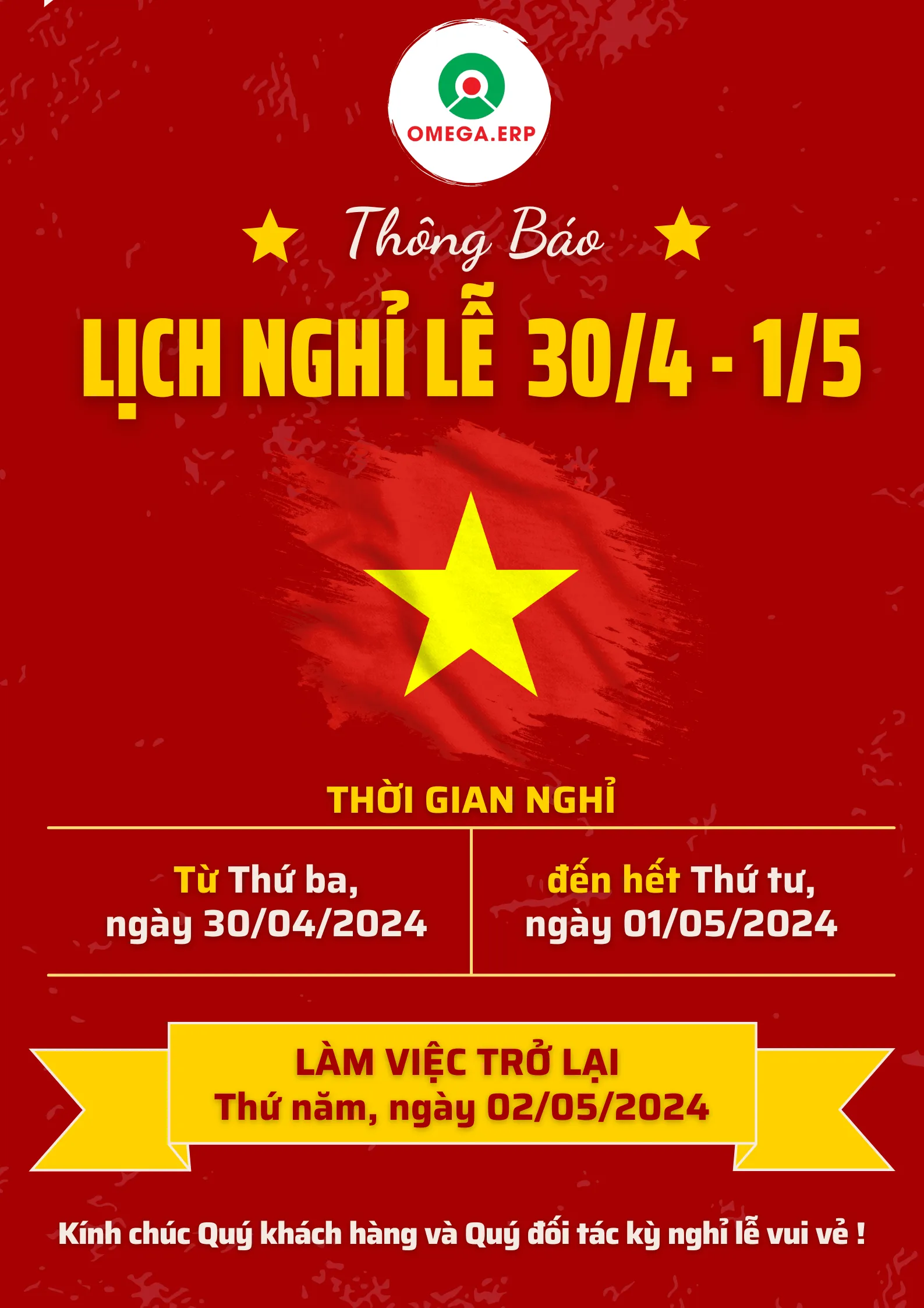 OMEGA THÔNG BÁO LỊCH NGHỈ LỄ 30/4 – 1/5