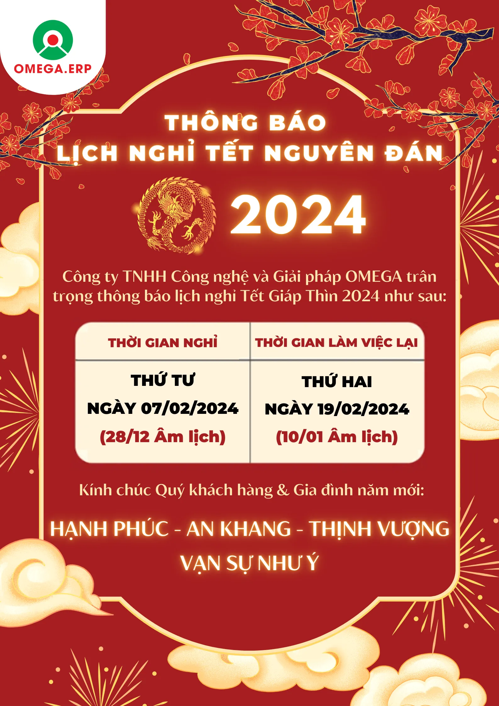 OMEGA THÔNG BÁO LỊCH NGHỈ TẾT NGUYÊN ĐÁN GIÁP THÌN 2024